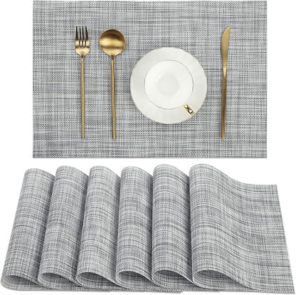 SHACOS Woven Vinyl Placemats Set of 6 Wipe Clean Table Placemats Heat Resistant Wipeable Non Slip Table Mats Indoor Outdoor, Gray White