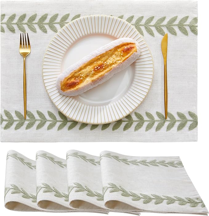 Wracra Embroidered Place Mats, Sage Green Rustic Placemats Set of 4 | Macrame by Wracra