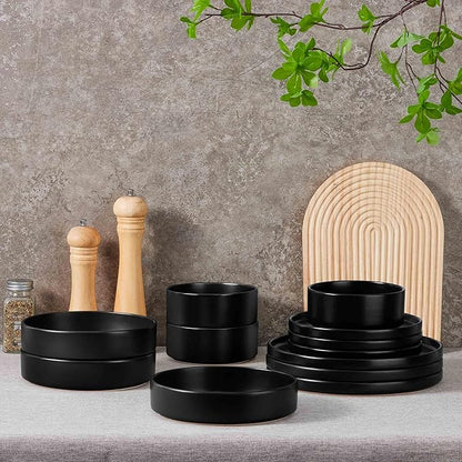 Herogo Dinnerware Sets with Pasta Bowls for 6, 24 Piece Dinner Salad Plates and Cereal Serving Bowls, Stoneware Dishes Dinner Ware for Home Kitchen, Dishwasher & Microwave Safe, Matte Black