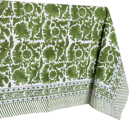 ATOSII Paradise Green 100% Cotton Rectangle Summer Tablecloth, Handblock Floral Print Linen Table Cloth for Kitchen Dining I Parties, Weddings, Outdoors, Decor 60 X 90 Inches