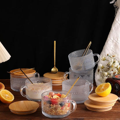 Overnight Oats Cups 4pcs Vintage Glass Coffee Mugs Embossed Tea Cup Set | - Image 6
