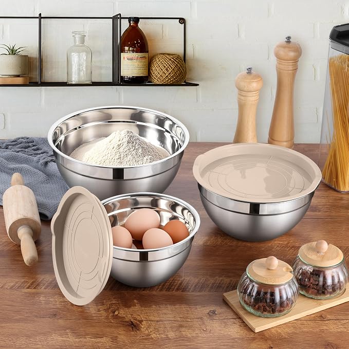 LIANYU Mixing Bowls with Lids Set, 3 Packs Stainless Steel Metal Bowls | Ideal - Image 7