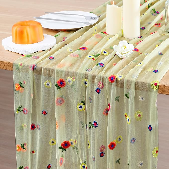BINBE 1pcs Daisy Spring Table Runner Embroidery Gauze 10FT Florals Seasonal by BINBE