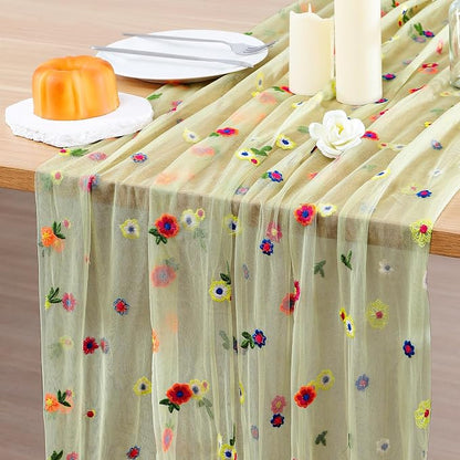 BINBE 3pcs Daisy Spring Table Runner Embroidery Gauze 10FT Florals Seasonal by BINBE