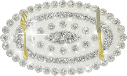 Sparkling Silver Diamond Placemats Bling Oval Place Mat Heat Elegant Table Decor for Weddings, Holidays, and Special Events (15x9 Inch)