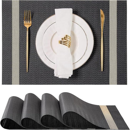 Leetaltree Luxury Black Placemats with Gold Stripes Placemats Set of 4 - Waterproof Washable for Wedding, Anniversary, Daily Use - Sparkling Table Decor - Hand-Cut