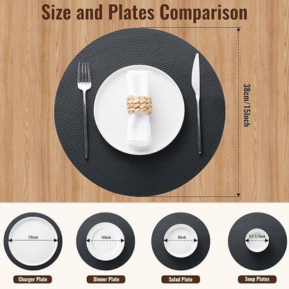 Jovono 15" Faux Leather Big Round Placemats Set of 4 - Washable Heat Resistant Non-Slip Dining Table Mats with Fabric Texture for Kitchen Home Party Decor, Black