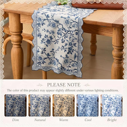 HunnmingRe 71x12 Inch Chinoiserie Table Runner Blue and White Floral Table - Image 4