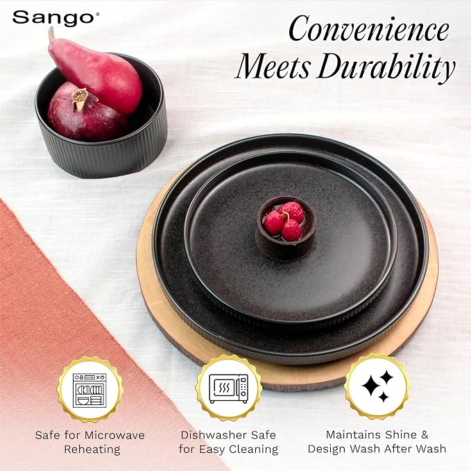 Sango 12 Pieces Stoneware Fluted Dinnerware Set, Modern Black Dishes - Image 5