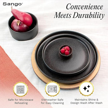 Sango 12 Pieces Stoneware Fluted Dinnerware Set, Modern Black Dishes - Image 5