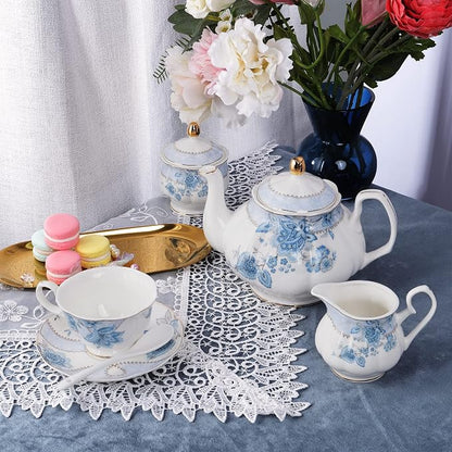 fanquare Blue Flowers Porcelain Tea Set, Tea Cup and Saucer Set Service - Image 3