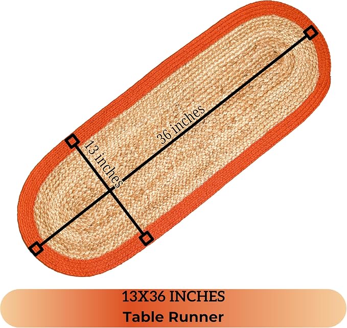 Verona Woven Jute & Cotton Table Runner, 13x36 Inches, Natural | Oval, Rust - Image 6