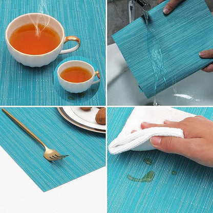 SHACOS Woven Vinyl Placemats Set of 4 Wipe Clean PVC Heat Resistant Place Mats Durable Waterproof Stain Resistant Indoor Outdoor Table Mats (4, Teal Blue)