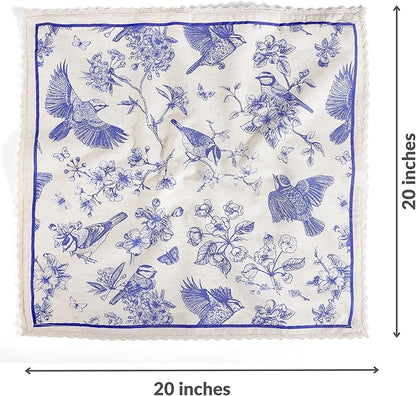 FINGERCRAFT Dinner Cloth Napkins Cotton Blend Set of 12 Blue Bird Premium Quality Mitered Corner with Natural Lace for Home Rastaurant Wedding Christmas Napkins Cloth 20 inch Toile Lace