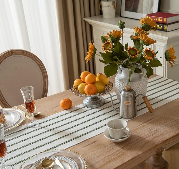 Caflife Boho Table Runner 60 Inchs Long Green and Beige, Cotton and Linen Woven - Image 3