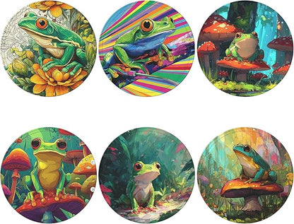 Frog Coasters Leather Round Drink Coasters 6 Pcs Set with Holderor for Cup Drink Coffee Table Bar Home Decor