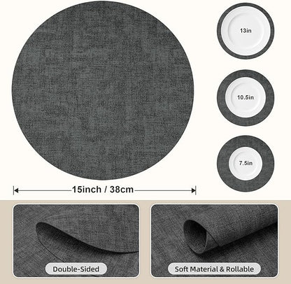 15 inch Faux Leather Round Placemats Set of 6 Non-Slip Washable Wipeable Table Mats, Heat Resistant Waterproof Oilproof Black Place Mats for Kitchen, Dining, Party, Indoor, Outdoor