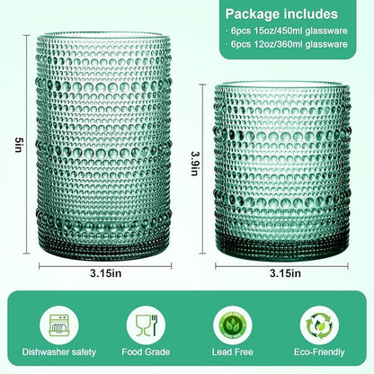 KMIGRUAN Hobnail Drinking Glasses Set of 12, 15Oz & 12Oz Cocktail Glasses | - Image 2