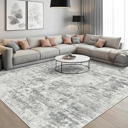 Abstract Rug 5x7 Machine Washable Area Indoor Grey White Low Pile Non-Slip Foldable Thin Accent Rugs for Bedroom Living Room Dining Room