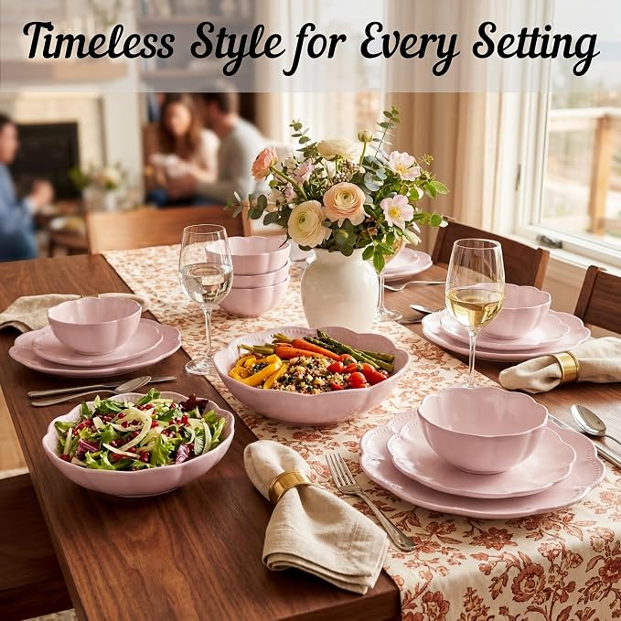 Sango 12 Pieces Scalloped Dinnerware Set, Modern Pink Dishes - Image 8