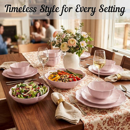 Sango 12 Pieces Scalloped Dinnerware Set, Modern Pink Dishes - Image 8