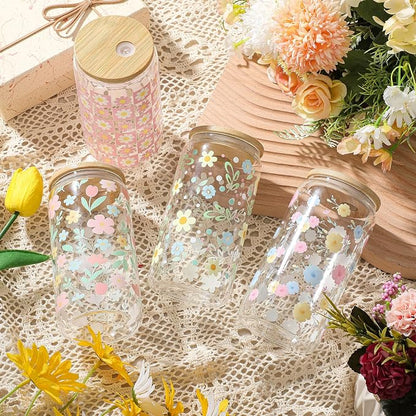 Mumufy 4 Pack Wildflower Glass Cups Gift Aesthetic Cute Glass Cup Tumbler - Image 4