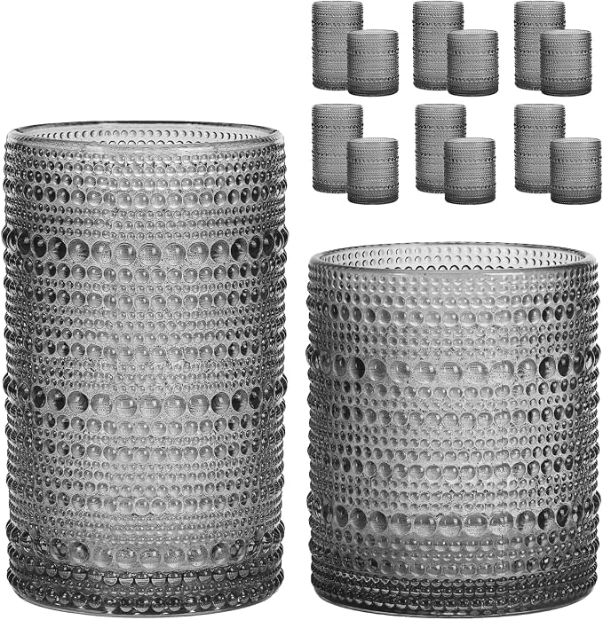 Moretoes 12 Pack Hobnail Drinking Glasses Gray Water Glass Cups Set | Mixed by Moretoes