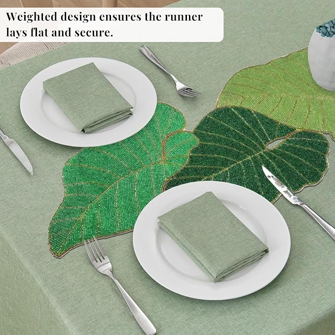 Green Leaf Beaded Table Runner, 36 in, Handcrafted Décor | 13x36 in, glass - Image 6