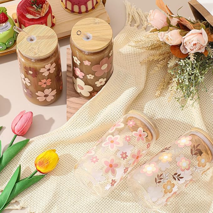 Mumufy 4 Pack Wildflower Glass Cups Gift Aesthetic Cute Glass Cup Tumbler - Image 5