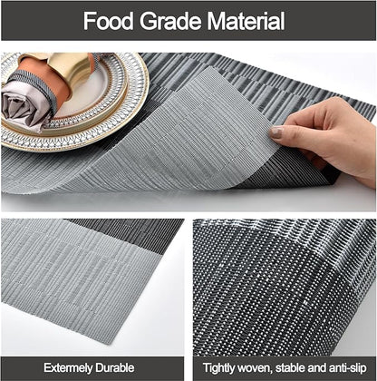 SLKQG Placemats Set of 6 - Easy Clean Washable Vinyl Placemats - Heat Resistant PVC Place Mats for Dining Table (Black and Gray, 6)