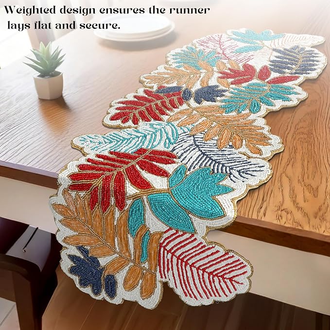 Beaded Table Runner 13x36 in, Leaf Design, Glass Beads | Hand-applied glass - Image 3