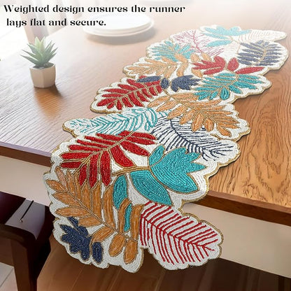Beaded Table Runner 13x36 in, Leaf Design, Glass Beads | Hand-applied glass - Image 3