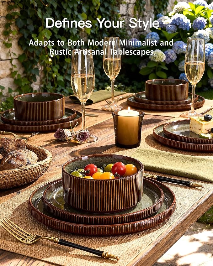 Ceramic Plates & Bowls Sets for 6, Handmade Reactive Glaze | Green Brown - Image 2
