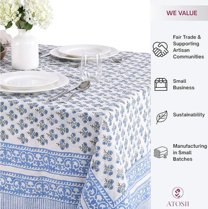 ATOSII Gulbahar Blue 100% Cotton Fall Rectangle Tablecloth, Handblock Print Floral Table Cloth for Kitchen Dining Linen I Thanksgiving Christmas Weddings Outdoors I 72 X 120 Inches I 10 Seater