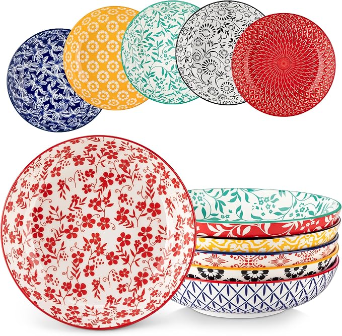 vancasso 8.5" Pasta Bowls Set of 6, 40 oz Porcelain Shallow Salad Bowls by vancasso