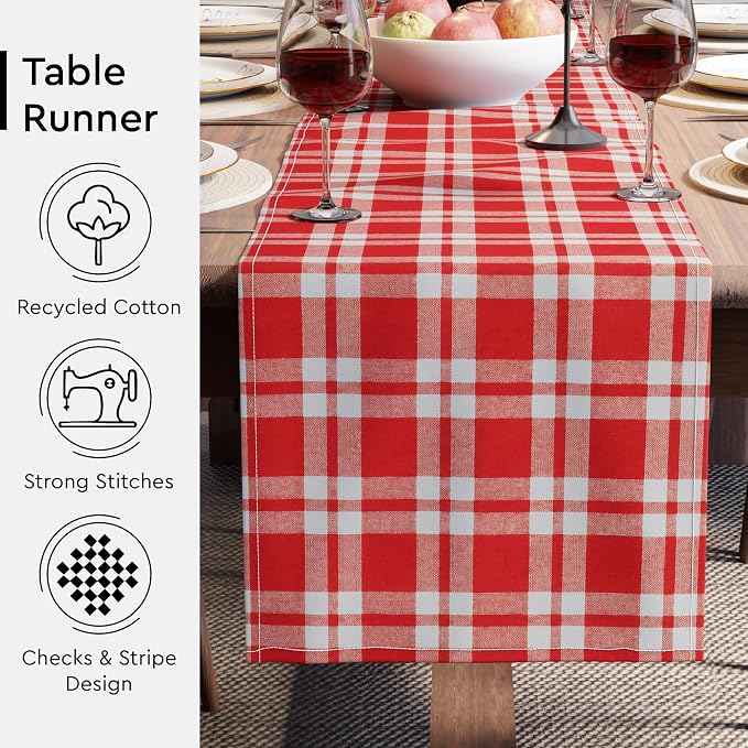 Encasa XO Table Runner, Woven Cotton Dining Runner 13"x120" | Franca Red Checks - Image 4