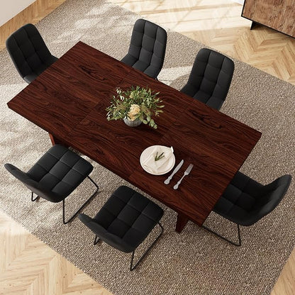 7-Piece Dining Table Set for 6 People, 70.8" MDF Kitchen Table with 6 Upholstered Chairs, Space-Saving for Dining Room, Breakfast Nook(Walnut Table+6 U-Shaped Black Chairs)