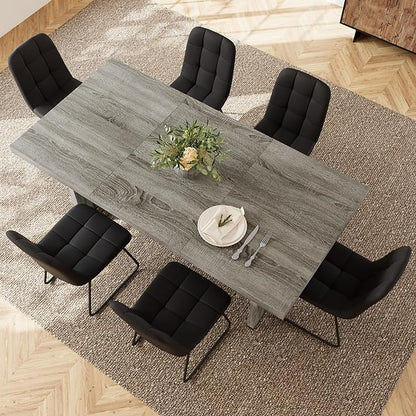7-Piece Dining Table Set for 6 People, 70.8" MDF Kitchen Table with 6 Upholstered Chairs, Space-Saving for Dining Room, Breakfast Nook(Grey Table+6 U-Shaped Black Chairs)