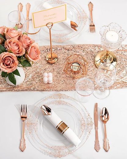 Nervure 350PCS Rose Gold Plastic Plates - Rose Gold Plastic Dinnerware Sets for 50 Guests - 100 Disposable Plates, 150 Silverware, 50 Cups, 50 Napkins Perfect for Wedding & Party