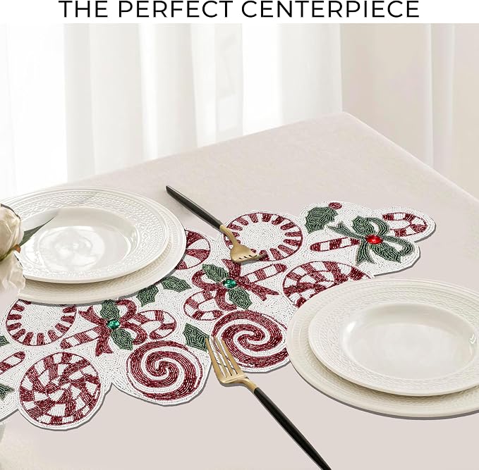 Christmas Beaded Table Runner, 13x36 | Handcrafted, 85% glass beads, polyester - Image 6