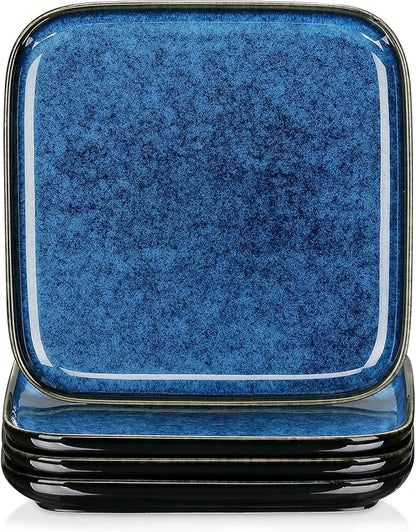 vancasso Stern Square Dinner Plates Set of 4, 7.5 Inch Dessert Plates, Reactive Change Glaze Blue Serving Pasta Salad Plate Dish, Scratch Resistant