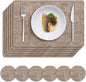 MOSAYT Faux Leather Placemats Set of 6, Heat Resistant Wipeable Washable Vinyl Place Mats with Coasters, Waterproof Oil Proof Table Mats for Kitchen Dining Party Indoor Outdoor, 12" x 17", Khaki