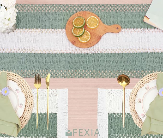 Sage Green Boho Placemats Set of 4 Table Mats Farmhouse Dining Decor | 12x20" - Image 6