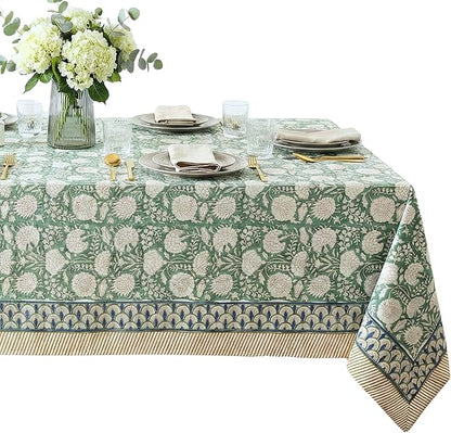 ATOSII Jade 100% Cotton Rectangle Boho Fall Tablecloth, Handblock Floral Table Cloth Linen for Kitchen Dining I Parties Wedding Outdoors Christmas Thanksgiving I 72 X 140 Inches I 12 Seater