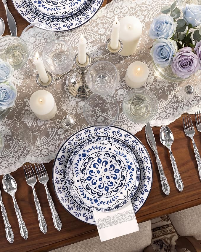 Blue Plastic Plates, Floral Disposable Plates, 10.25" dinner & 7.5" dessert - Image 7