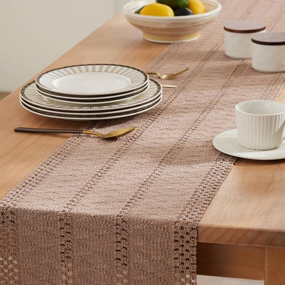 Macrame Style Boho Table Runner, 12x36 Inch Taupe | Woven Boho Table Runner - Image 5