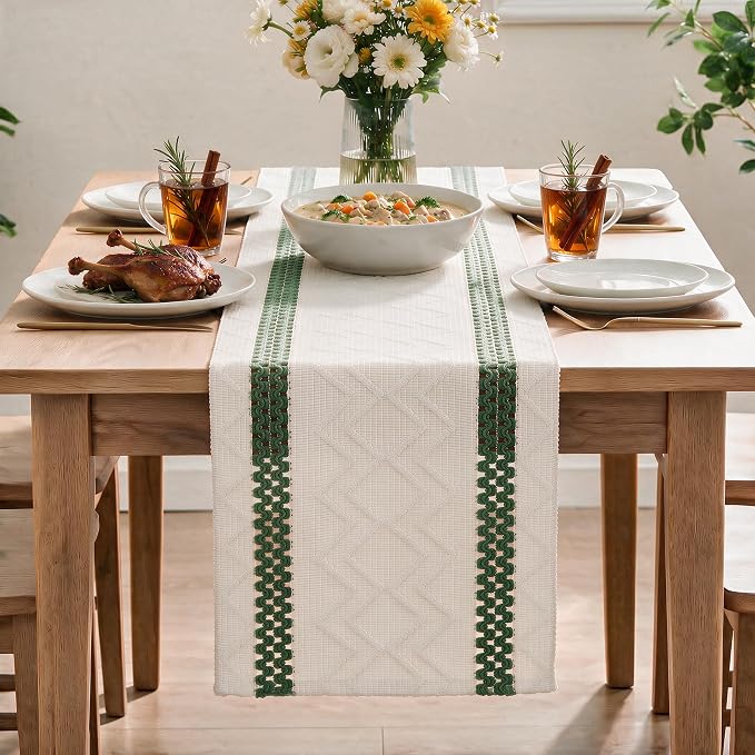 Artoid Mode Emerald Stripe Woven Rustic Table Runner 12x72 Inch | Holiday - Image 2
