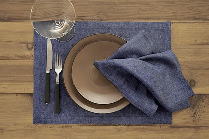 Solino Home Linen Cloth Placemats Set of 4-100% Pure Linen Chambray Navy Placemats 14 x 19 Inch for Winter, Spring - Athena