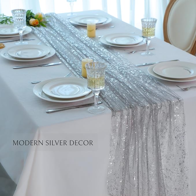 Snowkingdom Silver Gray Table Runner 10FT, Sheer Sparkly Shiny Glitter Sparkle - Image 4