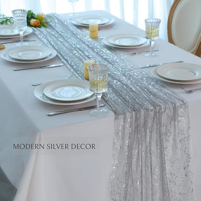 Snowkingdom Silver Gray Table Runner 10FT, Sheer Sparkly Shiny Glitter Sparkle - Image 4